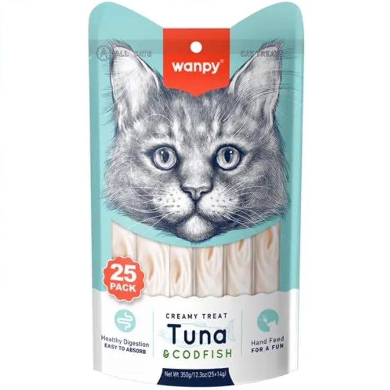 WANPY Creamy Lickable Cat Treats cu Ton si Cod, plicuri 25x14 g – Recompensa Cremoasa Superpremium pentru Pisici, Naturala si Usor Digerabila