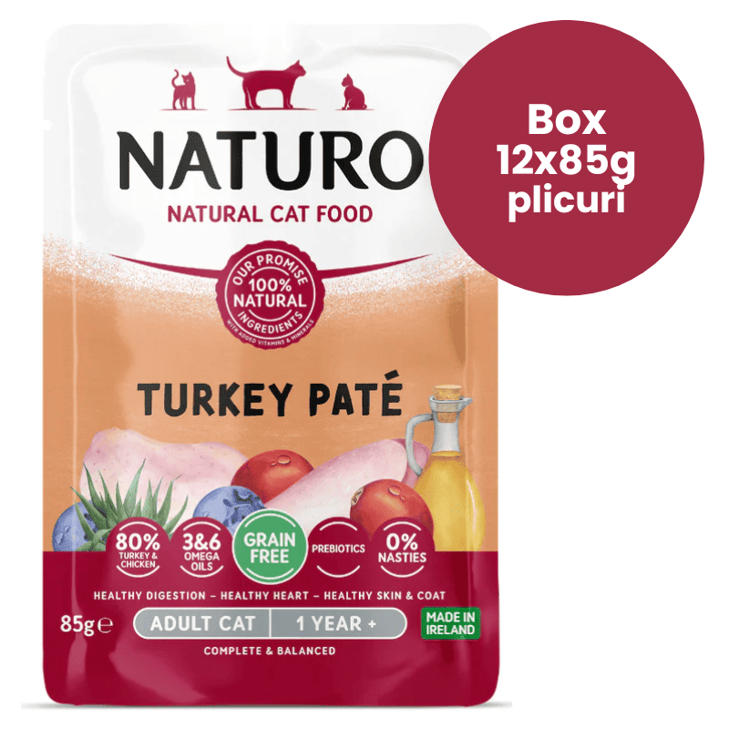 NATURO Adult Cat Grain Free Pate cu Curcan si Pui Box 12x85 g | Hrana Umeda Completa fara Cereale 100% Naturala pentru Pisici Adulte