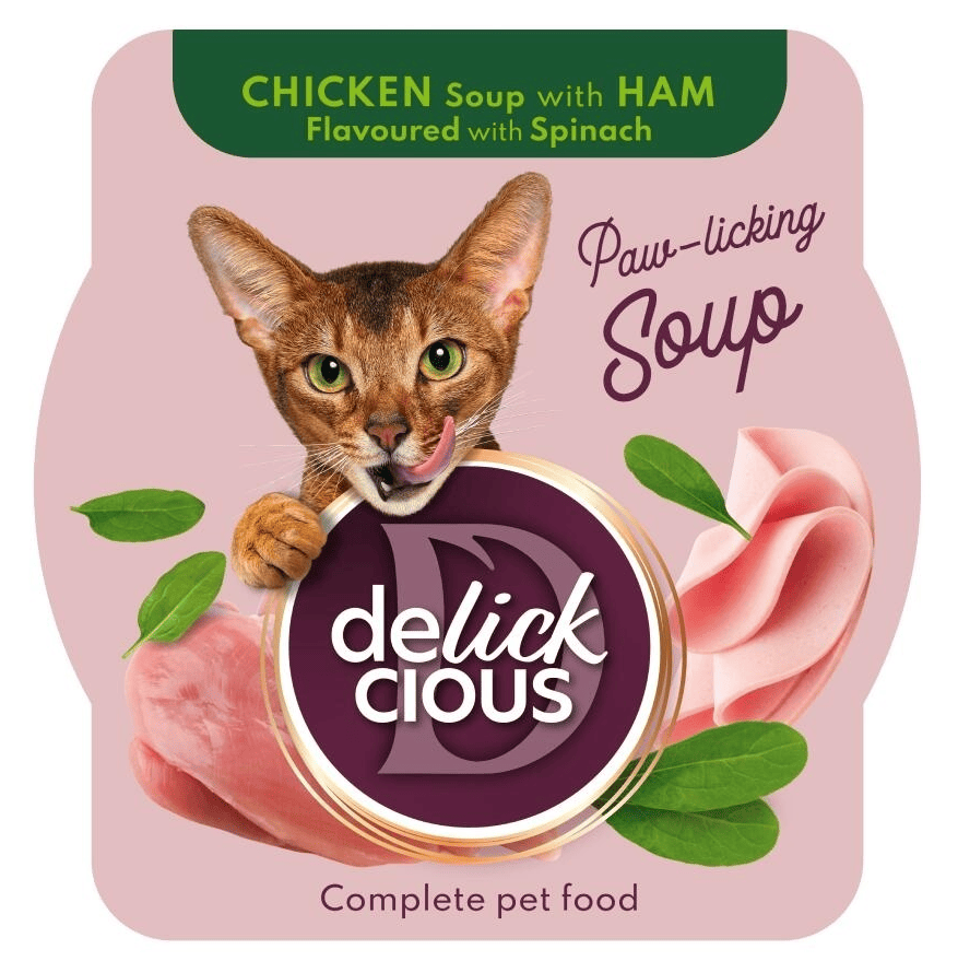 DELICKCIOUS Cat Supă de Pui cu Șuncă și Spanac 80 g | Hrană Umedă Completa pentru Pisici Adulte