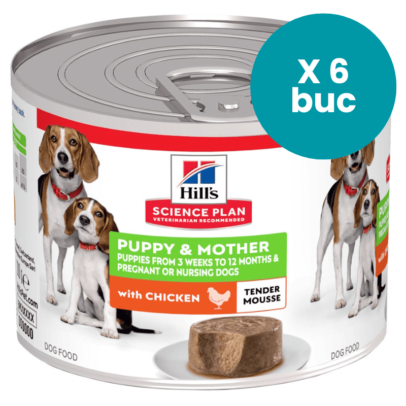 HILL'S Science Plan Puppy & Mother Tender Mousse cu Pui, Multipack 6x200 g– Hrană Umedă Starter pentru Pui de Catel și Femele Gestante sau Lactante