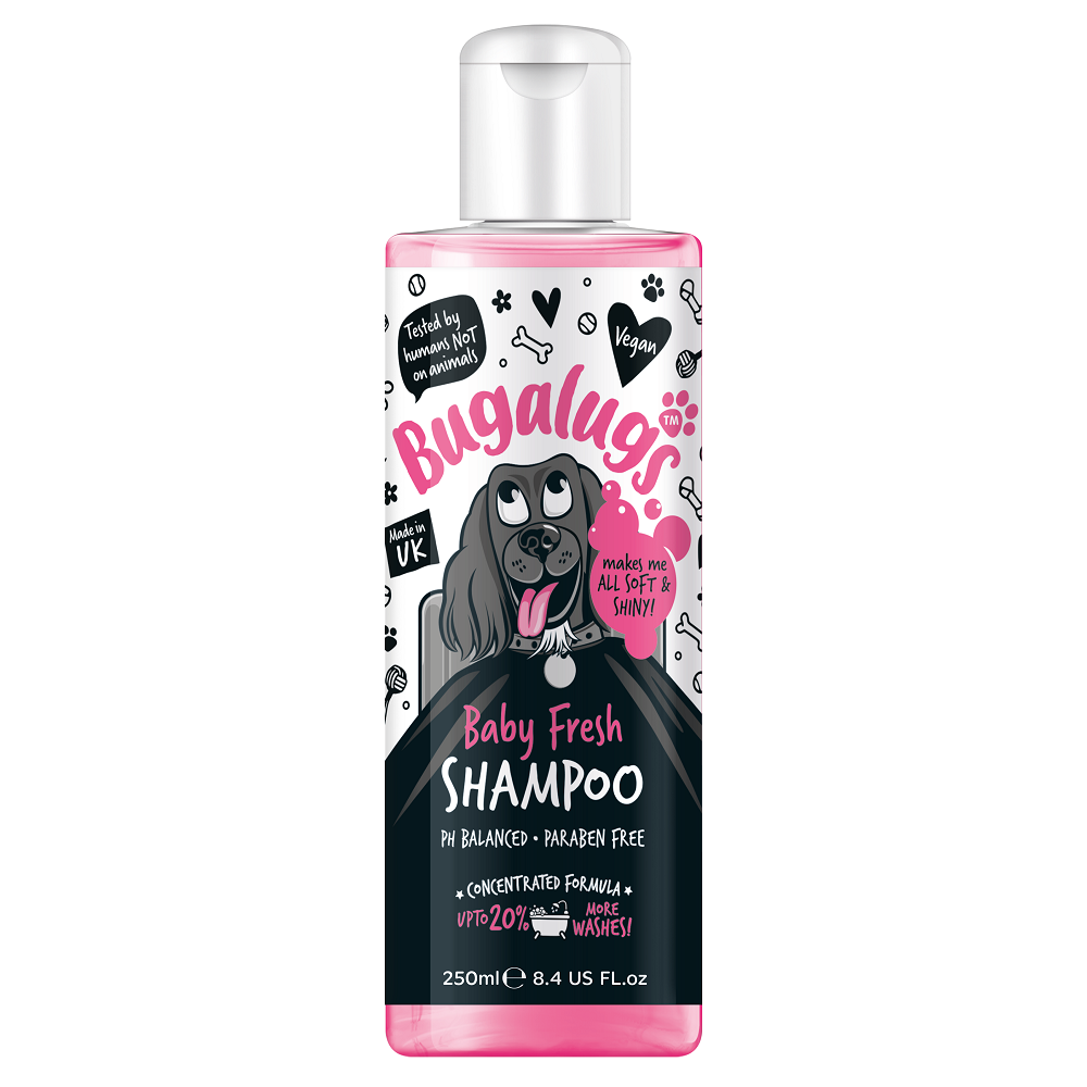 BUGALUGS Baby Fresh, Sampon Vegan Pentru Caini, cu Aroma Pudra de Talc | Pentru Orice Tip de Blana | Ideal si Pentru Pui de Catel, 250ml