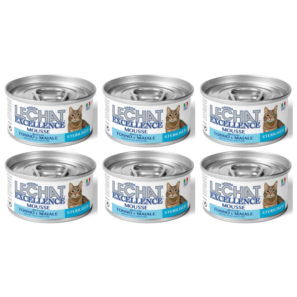 LeChat Excellence Mousse Sterilized, cu Ton și Porc - Set Conserve Hrana Umeda pentru Pisici Sterilizate, (mousse delicat), 6x85 g