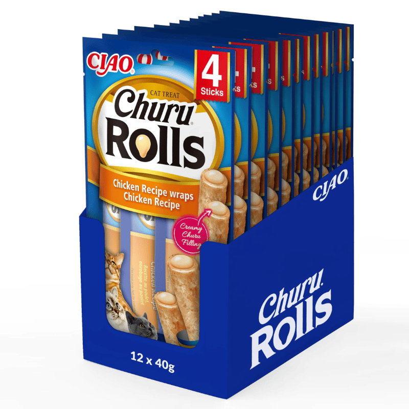 INABA Ciao Churu Rolls Chicken Recipe Box 12x(4x10 g) | Recompense fara Cereale pentru Pisici | cu Pui | Betisoare cu Textura Moale si Umplutura Cremoasa