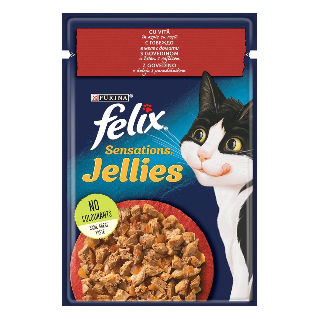 FELIX Sensation Jellies , cu Vita si Rosii in Aspic, Plic Hrana Umeda Pentru Pisici Adulte, 85g