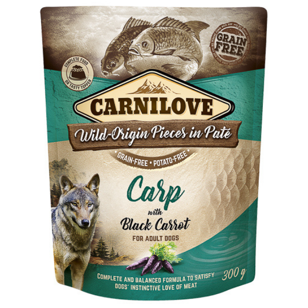 CARNILOVE Dog Pouch Pate Crap cu Morcov Negru 300 g – Hrană Umedă Fără Cereale pentru Câini, Bogată în Omega-3 și Antioxidanți Naturali