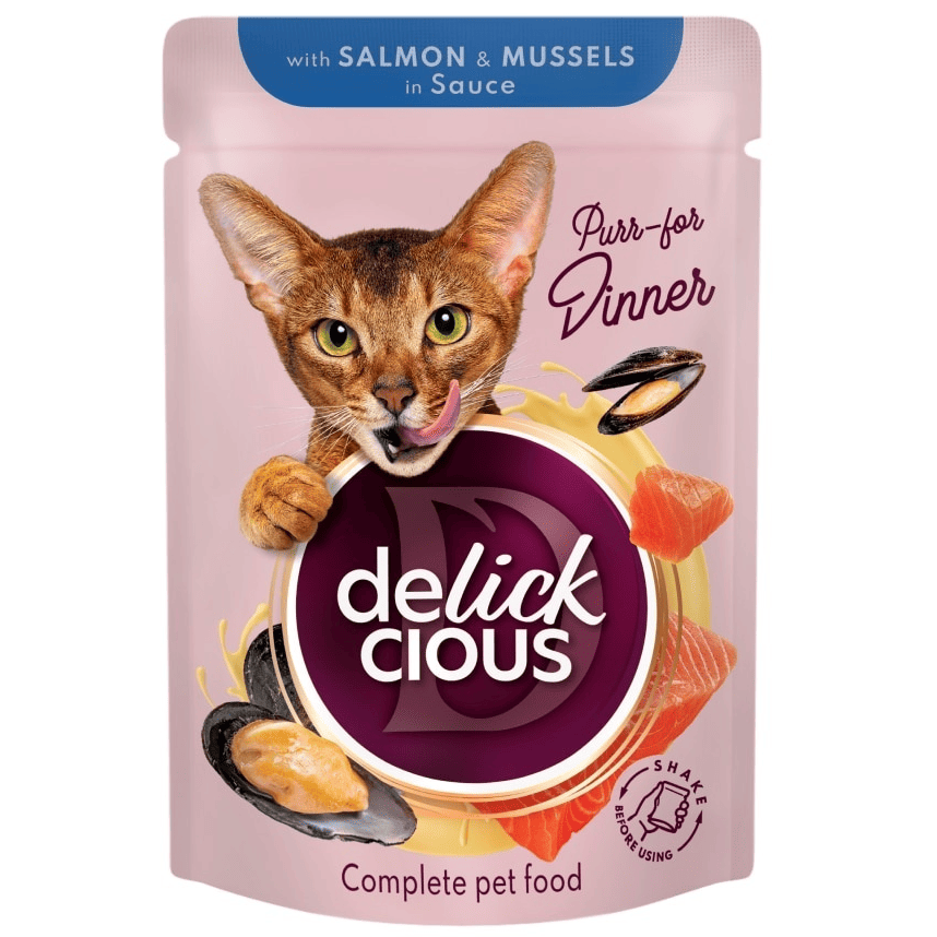 DELICKCIOUS Cat Felii de Somon și Midii în Sos 85 g | Hrană Umedă Completa pentru Pisici Adulte