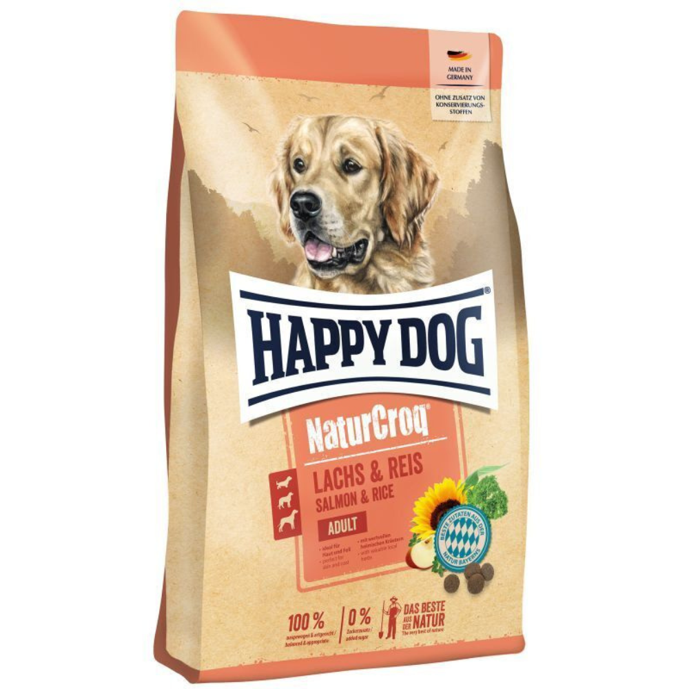 HAPPY DOG NaturCroq, cu Somon si Orez – Hrană Uscată Premium pentru Câini Adulți, Piele Sănătoasă și Blană Strălucitoare, 11 kg