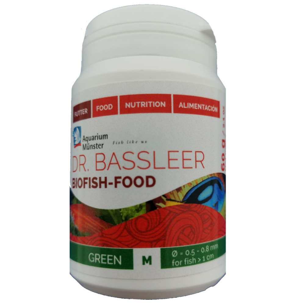 Aquarium Munster DR. BASSLEER Biofish Food Green M, 60 g – Hrană Premium pentru Creștere Sănătoasă și Colorit Natural la Peștii Erbivori de Acvariu