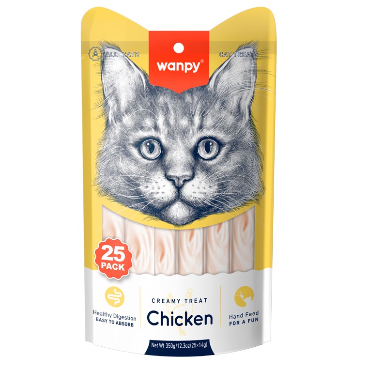 WANPY Creamy Lickable Cat Treats cu Pui, plicuri 25x14 g – Recompensa Cremoasa Superpremium pentru Pisici, Fara Coloranti sau Conservanti