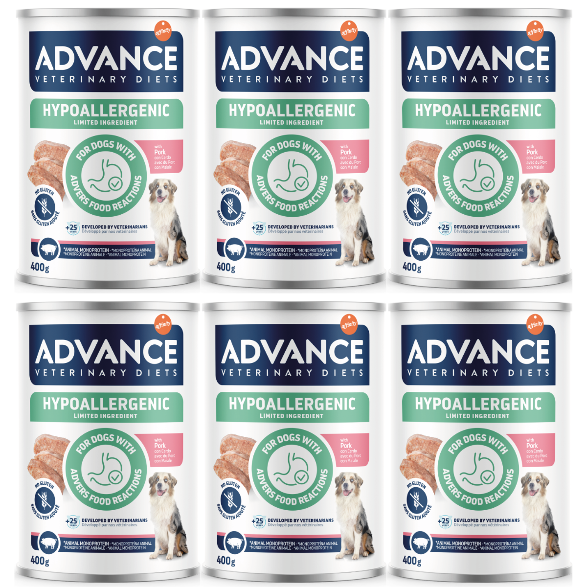 ADVANCE Veterinary Diets Dog Hypoallergenic, cu Porc, Set Conserve Hrana Umeda Monoproteica Pentru Caini Alergici, 6x400g