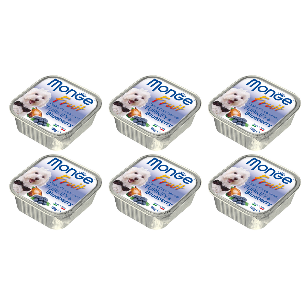 MONGE Dog Fruit, cu Curcan si Afine, Set Conserve Hrana Umeda Fara Cereale Pentru Caini 6x100g