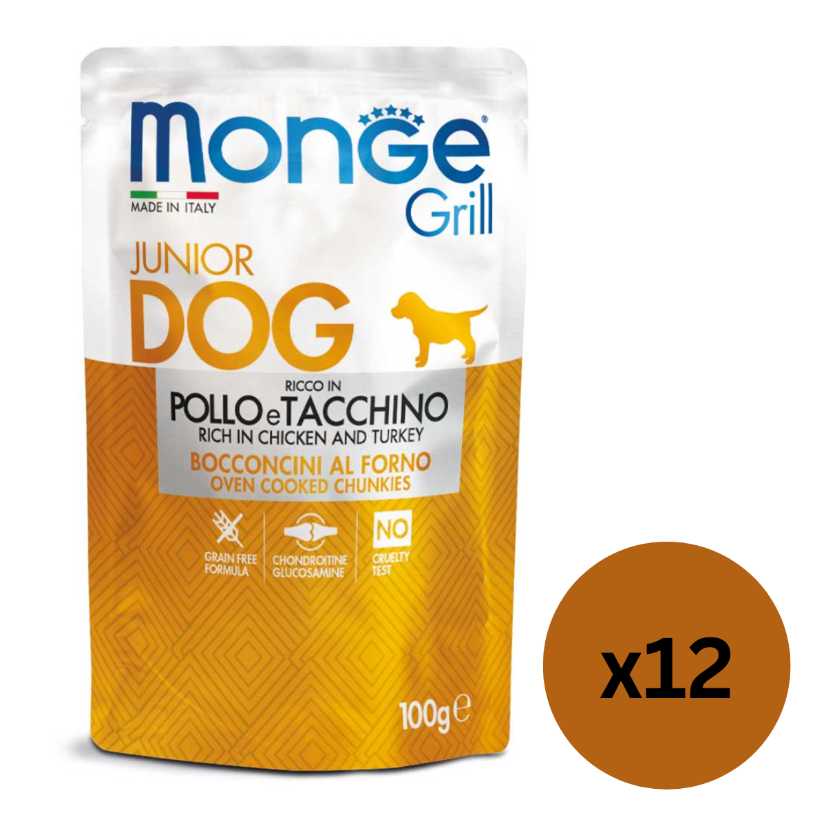 MONGE Dog Grill Puppy, cu Pui si Curcan, Set Plicuri Hrana Umeda Fara Cereale Pentru Pui de Catel, 12x100g