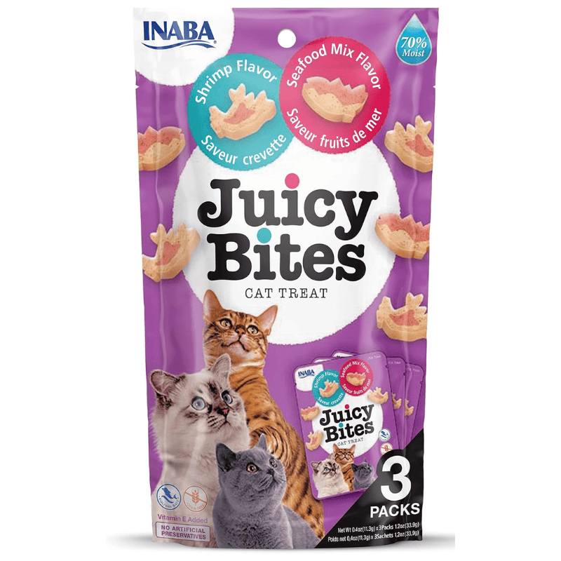 INABA Juicy Bites Shrimps & Seafood 3x11.3 g | Recompense Moi si Suculente pentru Pisici | Creveti si Fructe de Mare | Fără Cereale, Naturale, Bogate în Proteine