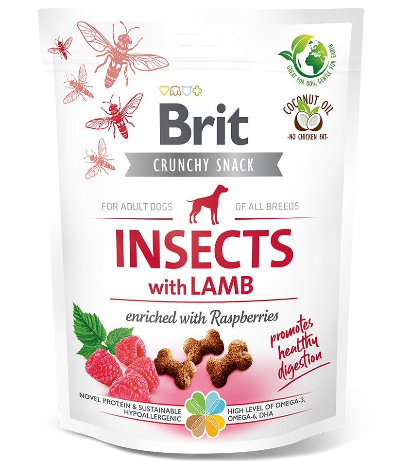 BRIT CARE Crunchy Snack, Insecte, Miel si Zmeura, Recompense Hipoalergenice, Fara Cereale, Caini, Digestie Optima, 200g