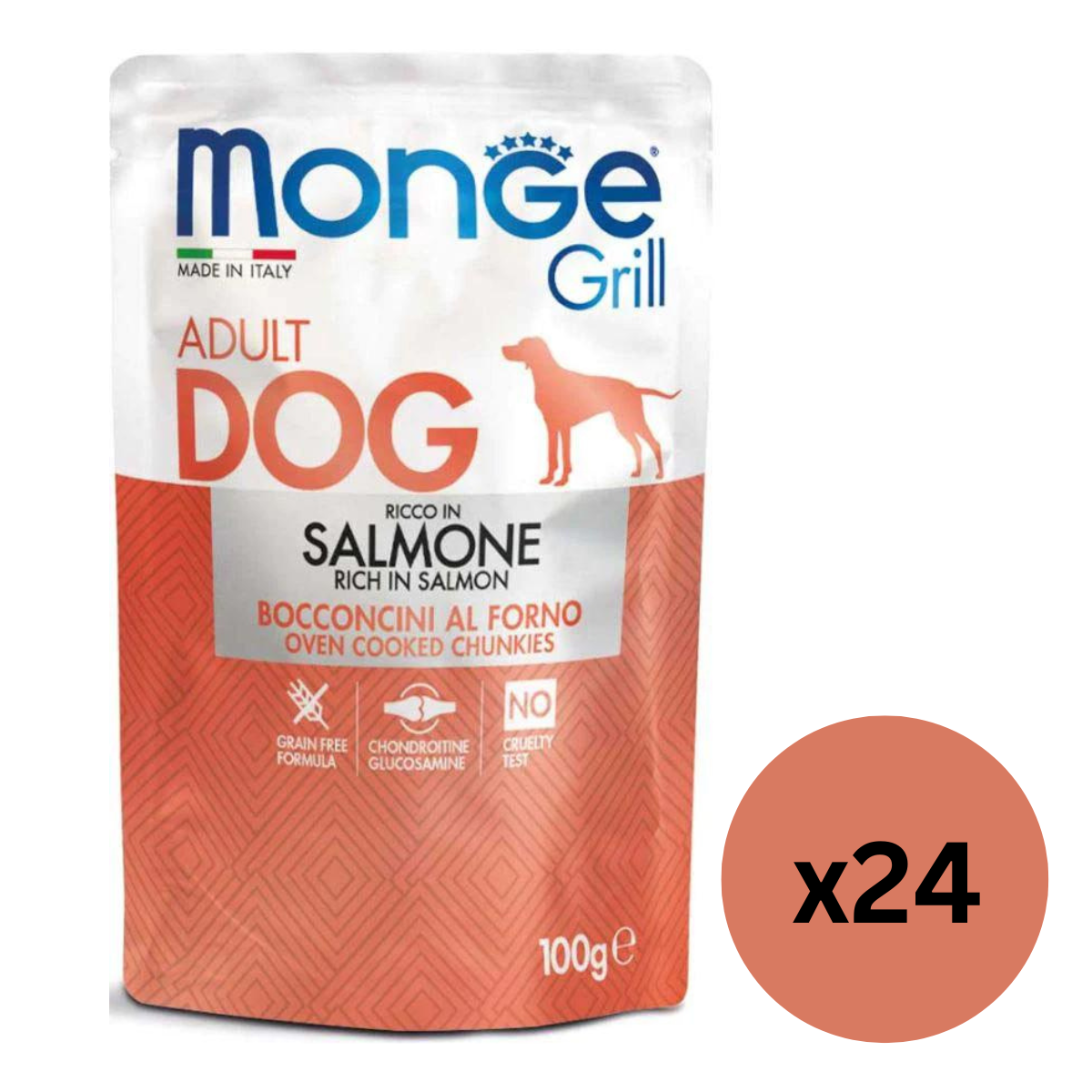 MONGE Dog Grill, cu Somon, Set Plicuri Hrana Umeda Fara Cereale Pentru Caini, 24x100g