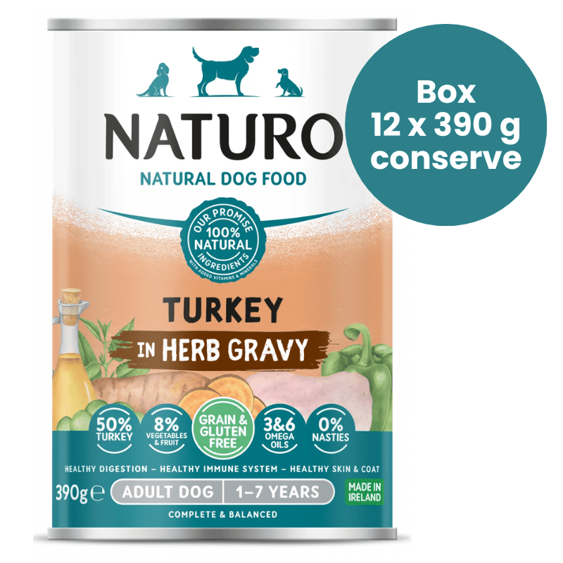 NATURO Adult Dog Grain & Gluten Free cu Curcan in Sos cu Ierburi Box 12x390 g | Hrana Umeda Completa fara Cereale 100% Naturala pentru Caini Adulti