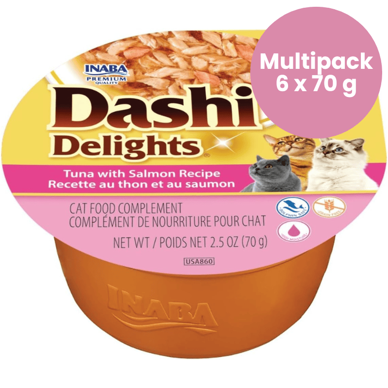 CIAO Dashi Delights Ton si Somon Multipack 6x70 g | Hrana Umeda Complementara pentru Pisici | Bucatele de Peste in Supa Dashi, Delicioasa si Hidratanta, Fara Cereale