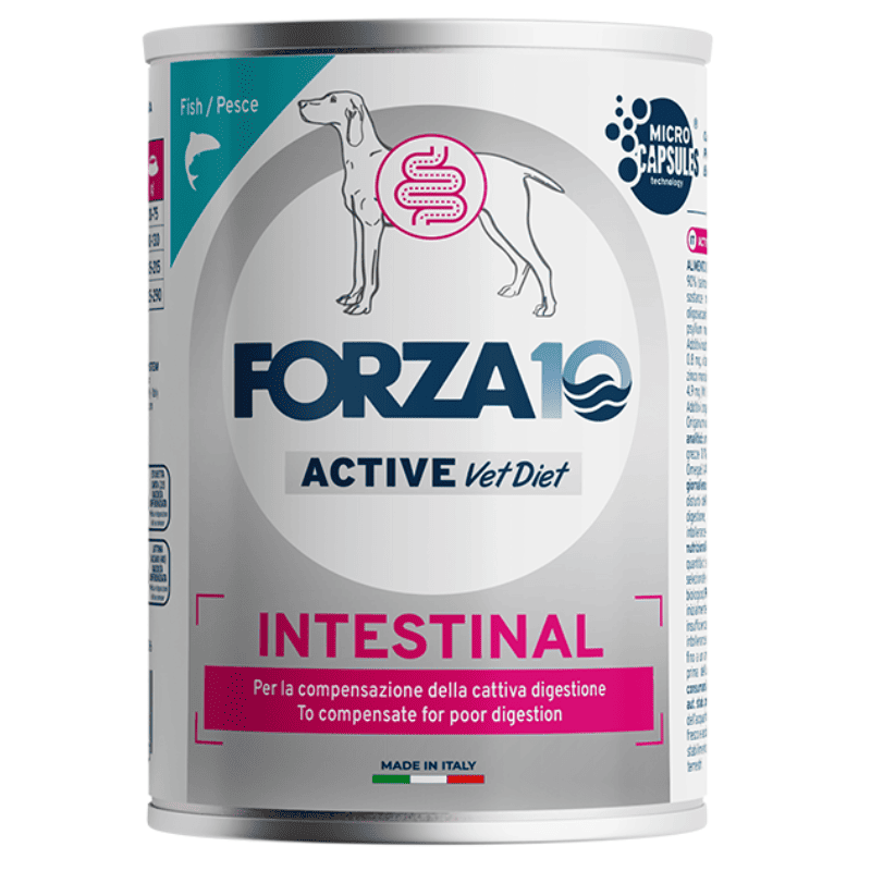 FORZA10 Active Vet Diet Intestinal, Dietă Umedă Monoproteică, cu Pește pentru Câini cu Tulburări Digestive, 390 g