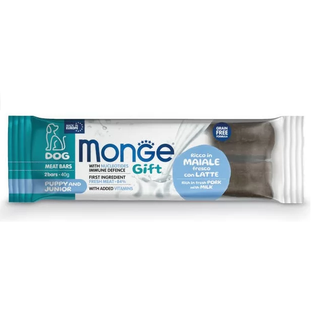 MONGE Gift Puppy and Junior Growth Support, cu Porc si Lapte, Recompense Caini Juniori Pentru o Crestere Sanatoasa, 2 Batoane, 40g