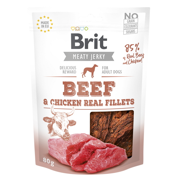 BRIT Jerky Beef Fillets 80 g – Recompense Naturale Fara Cereale pentru Caini, cu File de Vita, Bogate in Proteine