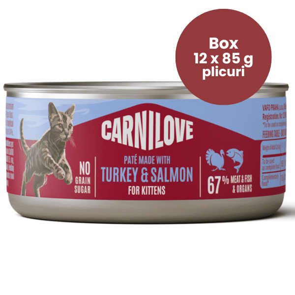 CARNILOVE Kitten Paté cu Curcan și Somon  Box 12x100 g | Hrană Umedă Completă Fără Cereale pentru Pui de Pisică (pateu fin)