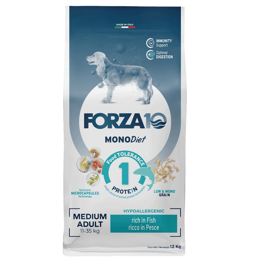 FORZA10 Mono Diet Hypoallergenic Medium Adult, cu Peste Oceanic, 12 kg - Hrana Uscata Monoproteica Pentru Cainii Adulti de Talie Medie Predispusi la Alergii sau Intolerante Alimentare