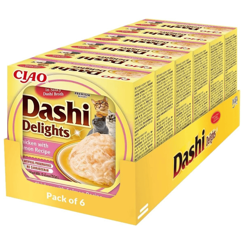 CIAO Dashi Delights Pui si Somon Multipack 6x70 g | Hrana Umeda Complementara pentru Pisici | Bucatele de Carne in Supa Dashi, Delicioasa si Sanatoasa, Fara Cereale