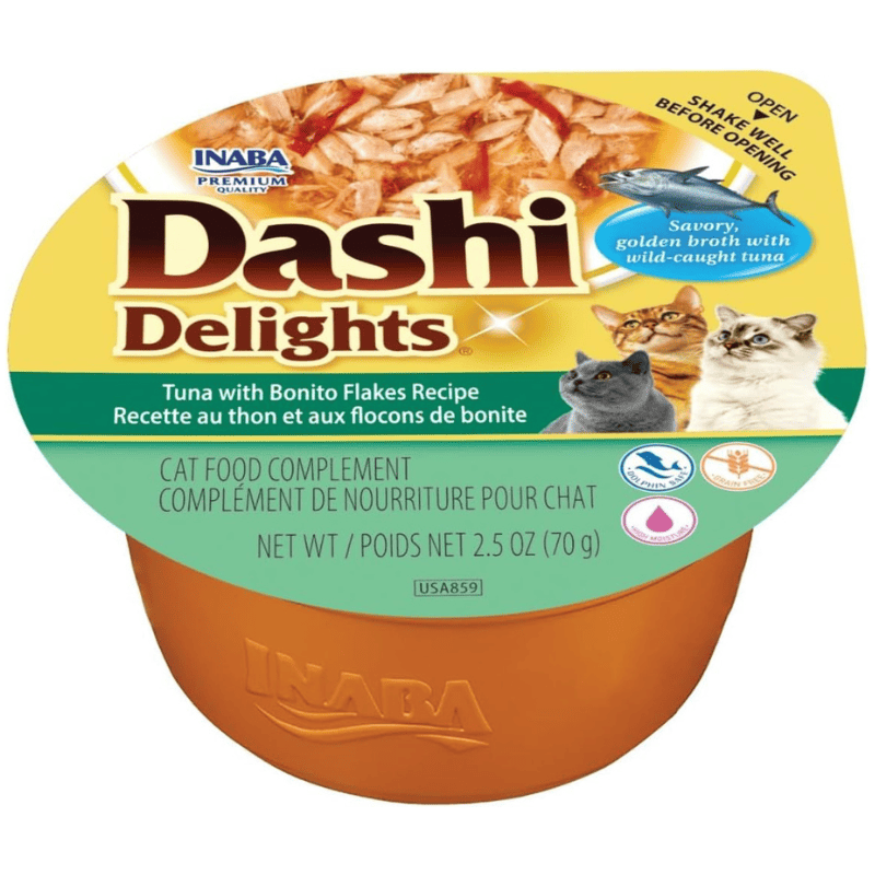 CIAO Dashi Delights Ton si Fulgi de Bonito 70 g | Hrana Umeda Complementara pentru Pisici | Bucatele de Carne in Supa Dashi, Delicioasa si Sanatoasa, Fara Cereale