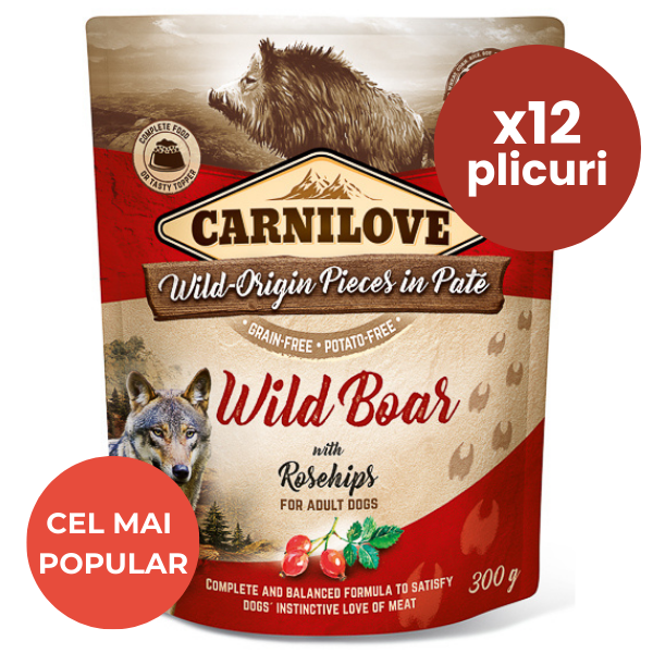 CARNILOVE Dog Pouch Pate Mistreț cu Măceșe Set 12x300 g – Hrană Umedă Fără Cereale pentru Câini Adulți, Sursă Naturală de Vitamine și Vitalitate