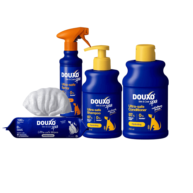 DOUXO SPA Rutina pentru Caini cu Blana Lunga | Descalcire Usoara, Hidratare si Blana Neteda Stralucitoare | Sampon + Balsam + Spray + Servetele Multifunctionale