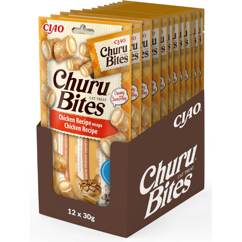 INABA Churu Bites Chicken Recipe Box 12x(3x10 g) | Recompense fara Cereale pentru Pisici | cu Pui | Textura Moale cu Interior Cremos