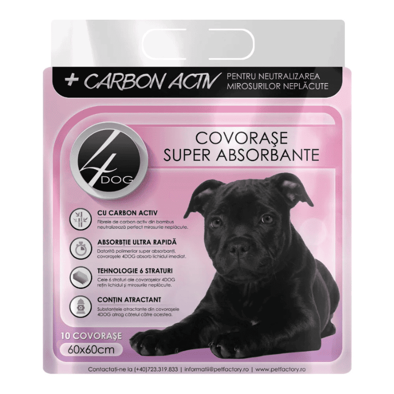 4DOG Charcoal Covorase Igienice pentru Caini 60x60 cm, 10 Buc | cu Carbon Activ din Bambus, Superabsorbante | Controlul Mirosurilor si Dresaj