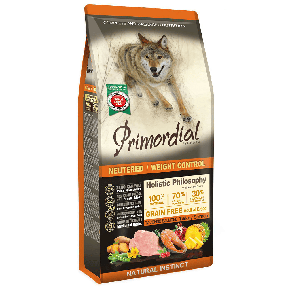 PRIMORDIAL Grain-Free Holistic Dog Adult Weight Control Curcan si Somon 12 kg | Hrana Uscata Fara Cereale pentru Caini Sterilizati sau Supraponderali | Controlul Greutatii si Vitalitate