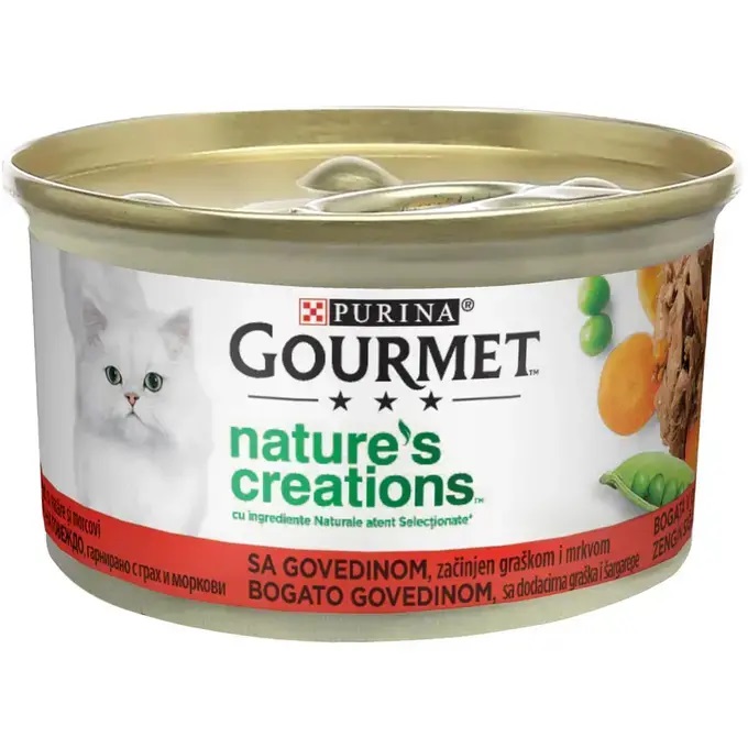 PURINA Gourmet Nature's Creations, Vita cu Mazare si Morcovi, Conserva Hrana Umeda Pentru Pisici, 85g