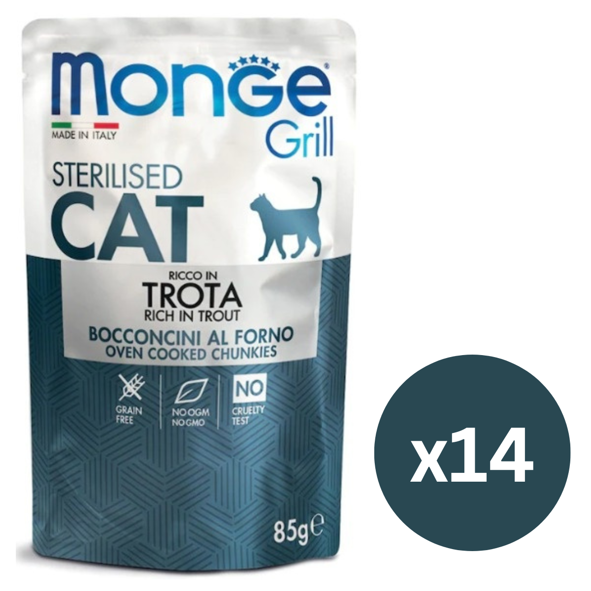 MONGE Grill Sterilized Cat, cu Pastrav, Set Plicuri Hrana Umeda Fara Cereale Pentru Pisici Sterilizate (bucatele carne in aspic), 14x85g