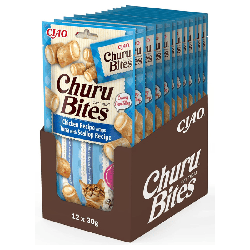 INABA Churu Bites Tuna & Scallop Recipe Box 12x(3x10 g) | Recompense fara Cereale pentru Pisici | Pui, Ton si Scoici | Textura Moale cu Interior Cremos