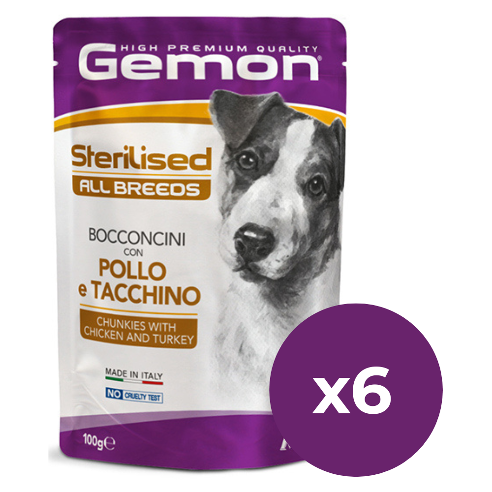 GEMON All Breeds Dog Sterilised cu Pui și Curcan – Set Plicuri Hrană Umedă pentru Câini Adulți Sterilizați, (bucăți în aspic), 6x100g