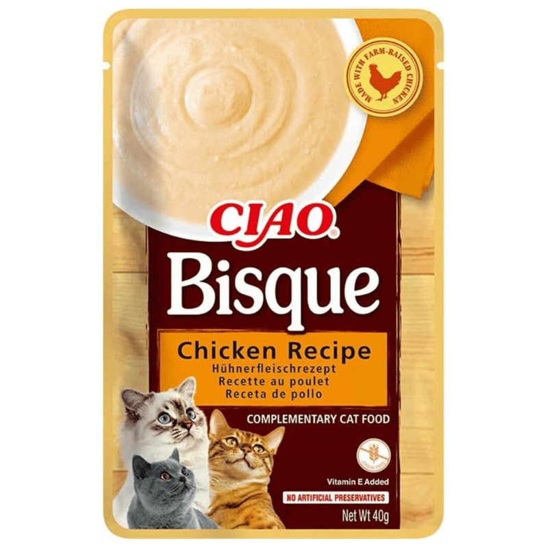 CIAO CHURU Bisque Cat Food Piure Fin de Pui 40 g | Hrana Complementara Umeda pentru Pisici | Delicioasa si Sanatoasa, Fara Cereale, Topping Palatabil