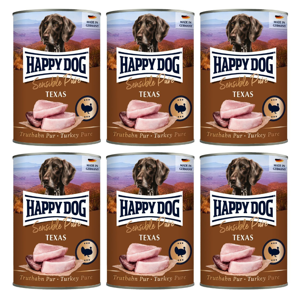 HAPPY DOG Sensible Pure Texas – Set Conserve Hrană Umedă Monoproteică fără Cereale pentru Câini Adulți, cu 100% Curcan, 6x800 g