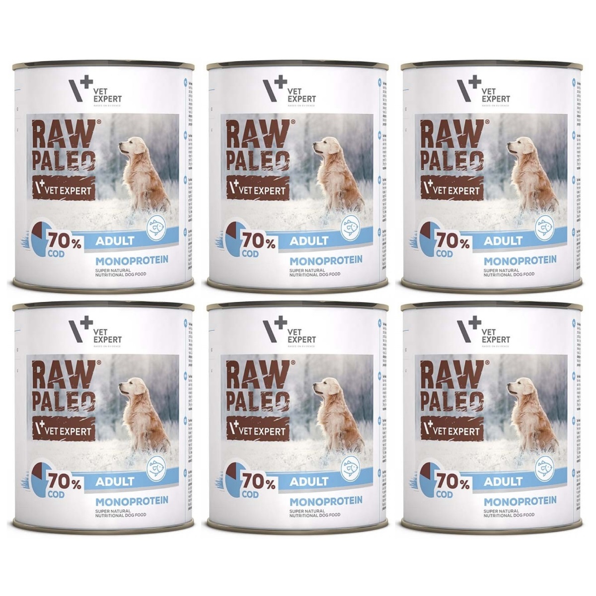 RAW PALEO Adult, cu Cod, Set Conserve Hrana Umeda Monoproteica, Fara Cereale, Pentru Caini 6x800g