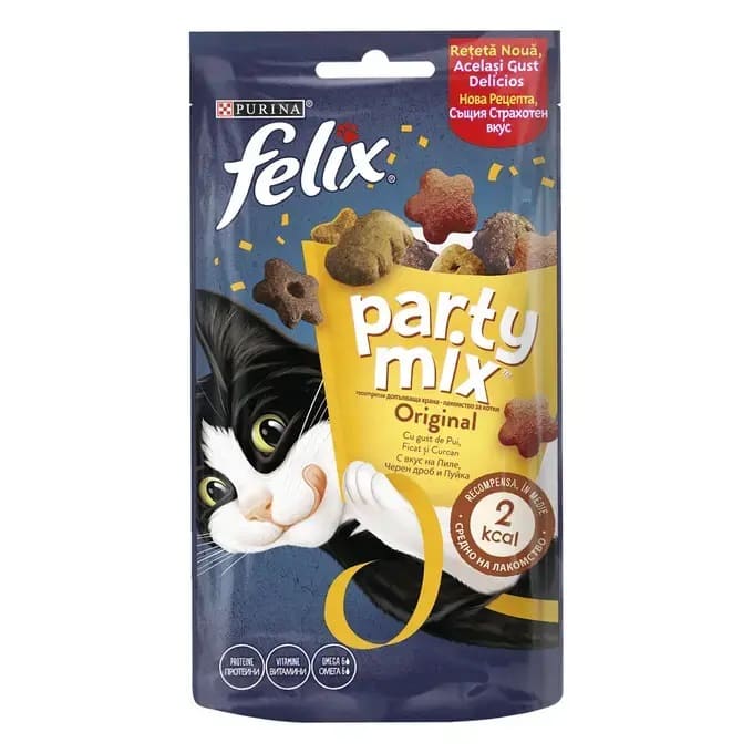 FELIX Party Mix Original Mix Recompense pentru Pisici, cu Pui, Ficat și Curcan, 60 g – Snack Crocant și Aromat pentru Răsfățul Zilnic