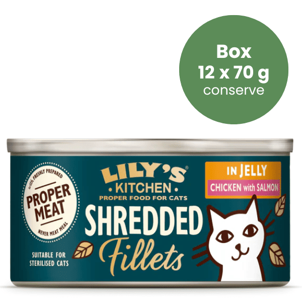 LILY'S KITCHEN Cat Adult Shredded Fillets cu Pui si Somon in Aspic Box 12x70 g | Hrana Umeda fara Cereale pentru Pisici Adulte