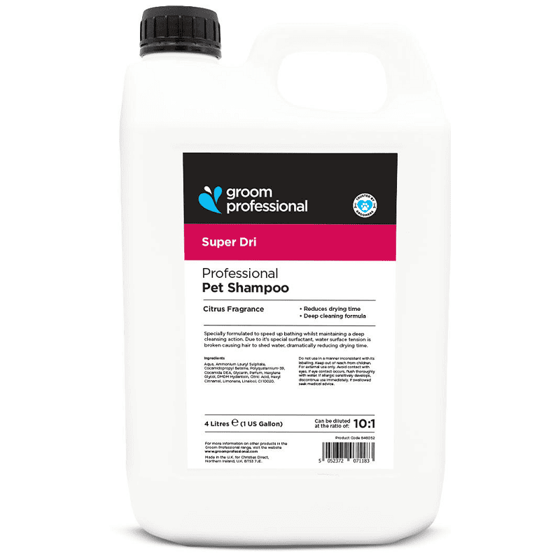 Groom Professional Super Dri Shampoo 4 L | Sampon Profesional Concentrat (dilutie 10:1) pentru Caini cu Blana Dubla sau Deasa| Uscare Rapida si Control Mirosuri