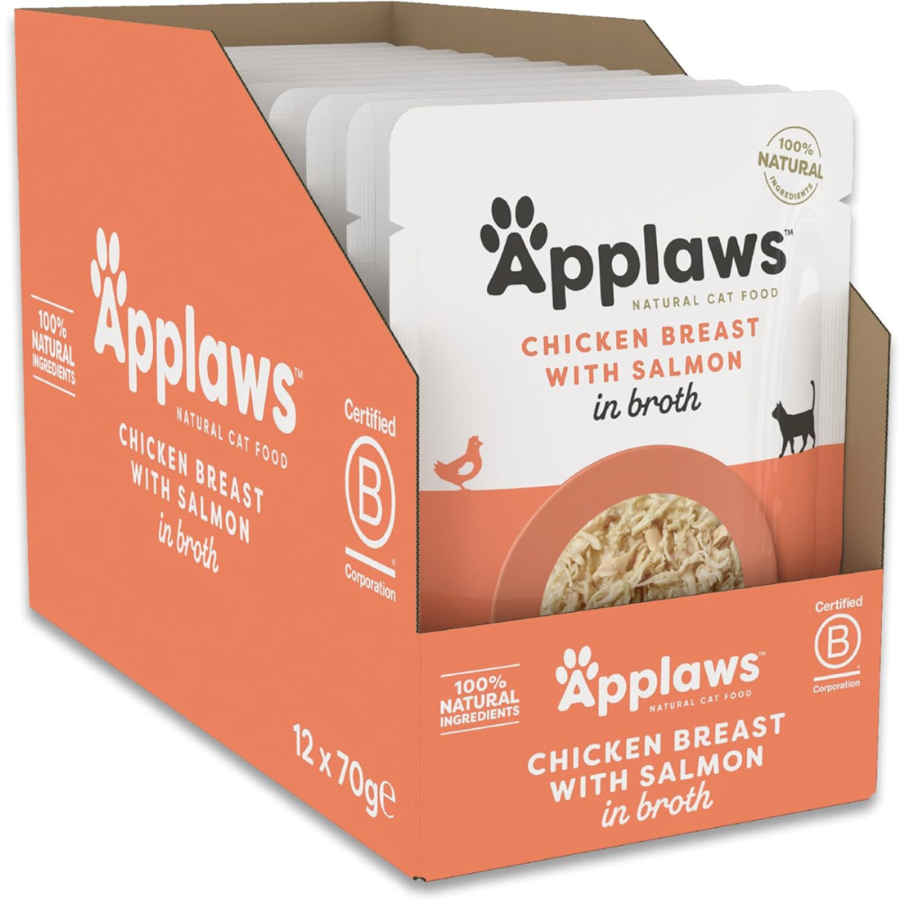 APPLAWS cu Piept de Pui si Somon in Supa Nutritiva 12x70 g - Bax Plicuri Hrana Umeda Naturala Complementara pentru Pisici Adulte