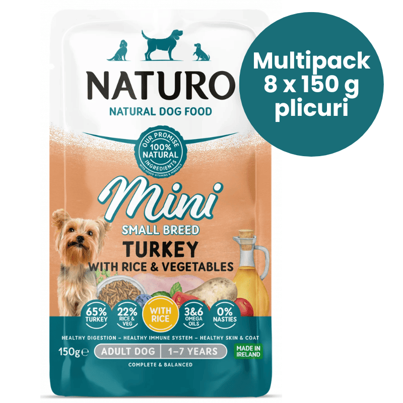 NATURO Adult Mini Dog cu Curcan, Orez si LegumeMultipack 8x150 g | Hrana Umeda Completa 100% Naturala pentru Caini Adulti de Talie Mica