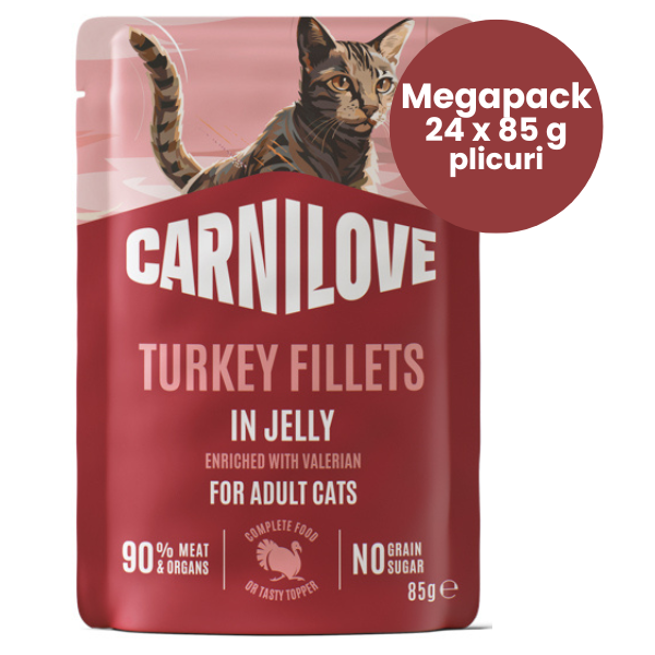 Carnilove Cat cu Curcan și Valeriană in Aspic Megapack 24x85 g | Hrană Umedă Completă Fără Cereale pentru Pisici Adulte