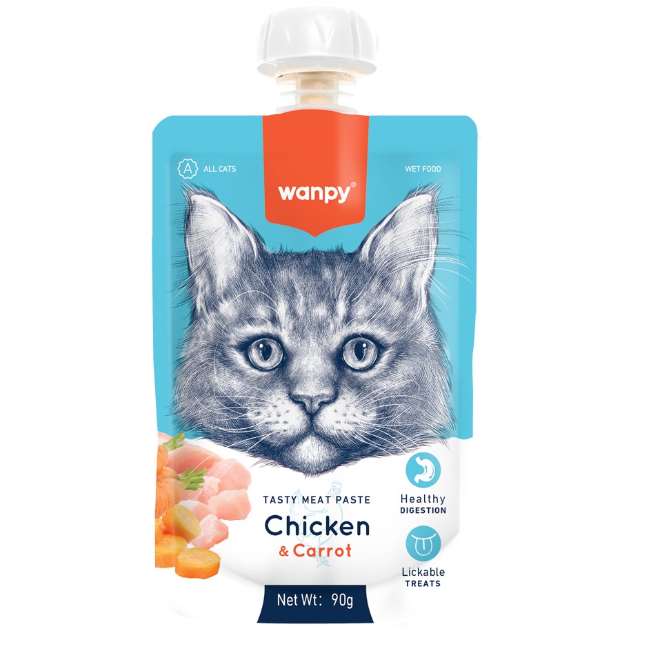 WANPY Tasty Meat Paste Chicken & Carrot 90 g – Recompensa pentru Pisici, Pasta Cremoasa Superpremium cu Pui, Morcov si Vitamine Esentiale