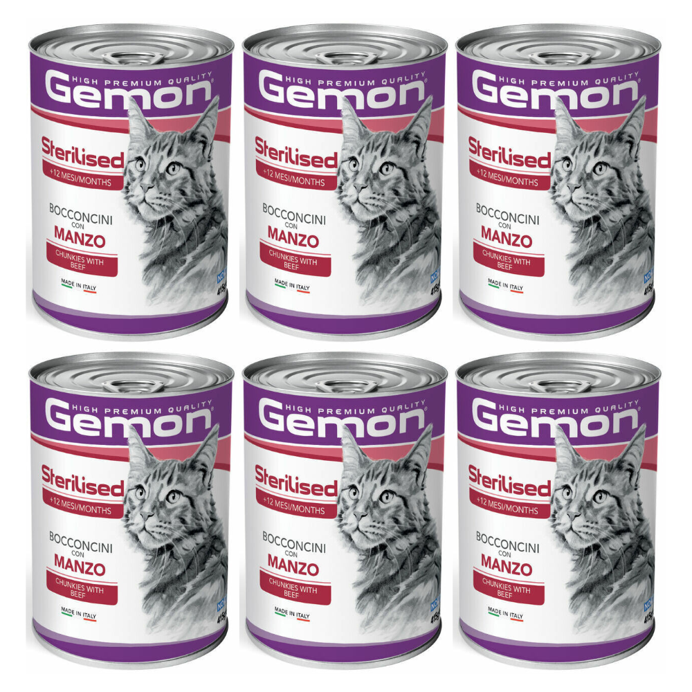 GEMON Cat Sterelised cu Vita – Set Conserve Hrană Umedă pentru Pisici Sterilizate (bucatele in sos), 6x415g