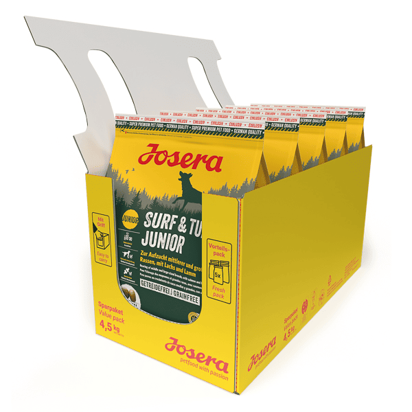 JOSERA Surf & Turf Junior 5x900 g | Hrană Uscată Premium Fără Cereale pentru Cătei si Câini Tineri de Talie Medie si Mare | Cu Somon și Miel | Dezvoltare Sănătoasă, Energie si Protecție pentru Inimă și Creier