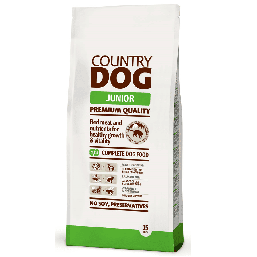 COUNTRY DOG Junior 15 kg | Hrana Uscata Completa si Echilibrata pentru Catei (2-12 luni) | Cu Carne Rosie, Ulei de Somon si Vitamina E | Crestere Sanatoasa, Energie si Imunitate Puternica
